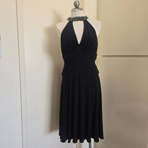 Cachet Vtg. Blk Ruched Waist, Sequin Neck Halter Dress, A Line Skirt, NWT, SZ.10 - Picture 3 of 9